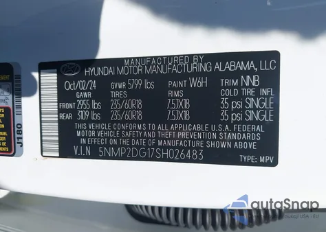 2025 Hyundai Santa Fe Hybrid Sel z USA, uszkodzony, nr VIN 5NMP2DG17SH026483